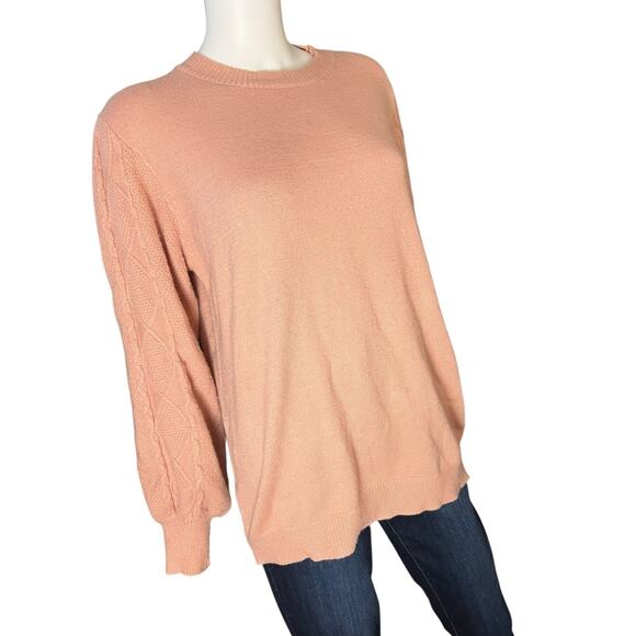 &merci Blush Pink Soft Crewneck Cableknit Sleeve Sweater Size Large - Picture 1 of 7